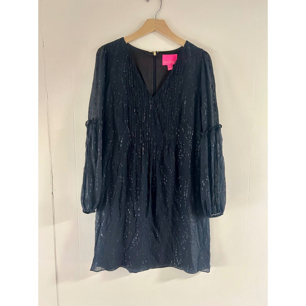 Lilly Pulitzer Cleme Silk Dress in Onyx Fish Clip Chiffon Metallic Black sz 8 - Picture 2 of 4